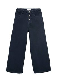 Jeans a gamba larga blu scuro realizzati in denim, con vita alta, cinque tasche e tre chiusure con bottoni metallici.