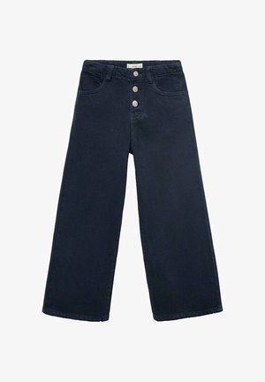 Jeans a gamba larga blu scuro realizzati in denim, con vita alta, cinque tasche e tre chiusure con bottoni metallici.