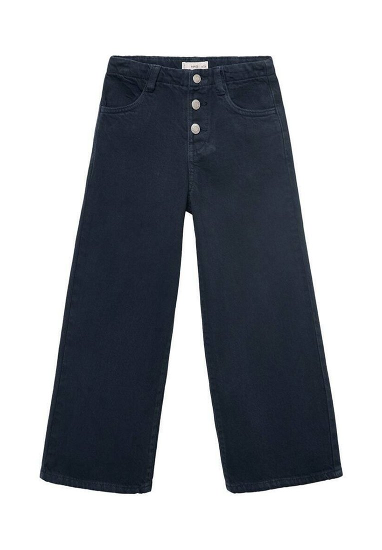 Jeans a gamba larga blu scuro realizzati in denim, con vita alta, cinque tasche e tre chiusure con bottoni metallici.