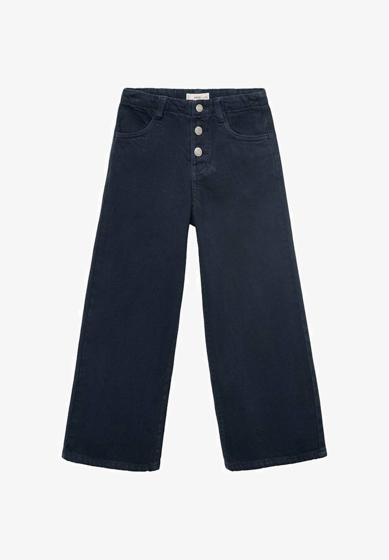 Temno modri široki jeans iz denima, z visokim pasom, petimi žepi in tremi kovinskimi gumbi za zapiranje.