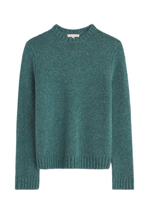 Maglione lavorato a maglia di color turchese con scollatura rotonda, maniche lunghe, polsini e orlo a coste. La texture è leggermente maculata con fibre di colori diversi.