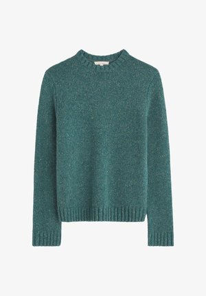 Maglione lavorato a maglia di color turchese con scollatura rotonda, maniche lunghe, polsini e orlo a coste. La texture è leggermente maculata con fibre di colori diversi.