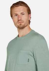 Hellgrünes Langarmshirt aus weichem, strukturiertem Stoff mit Rundhalsausschnitt und einer aufgesetzten Tasche auf der linken Brust.