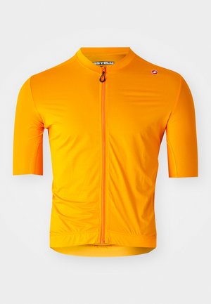 Maillot de cyclisme à manches courtes de couleur orange vif, fabriqué en tissu léger avec une fermeture éclair frontale complète et un design ajusté. Détails de surface texturée.