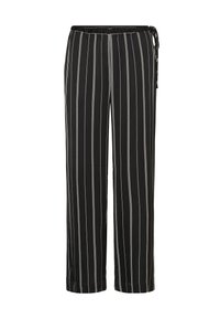 Črno-bele široke hlače s črtami in elastičnim pasom ter zvezanjem spredaj, narejene iz lahkotnega materiala.