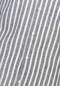 Gestreept shirt met smalle blauwe en witte verticale strepen, gemaakt van lichte stof, met witte knopen en een borstzak.