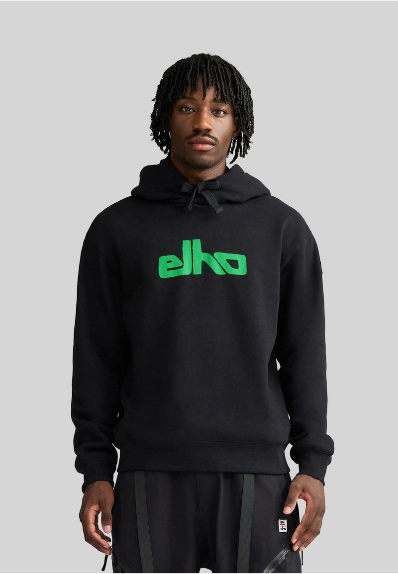 Felpa nera con cappuccio caratterizzata da un grande logo verde "elho" sul davanti. Realizzata in tessuto testurizzato con cappuccio regolabile e polsini a coste.