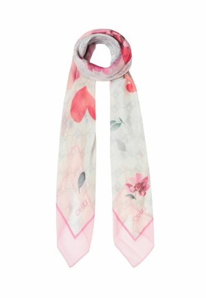 Hellrosa und weißer Schal mit roten Herz- und rosa Blumenmustern, transparentem Stoff und einem dezenten Logo-Muster durchgehend.