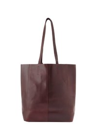 Bordeauxleren tote bag met twee lange handvatten, rechthoekige vorm, gladde textuur en minimalistisch ontwerp met gestikte naden.