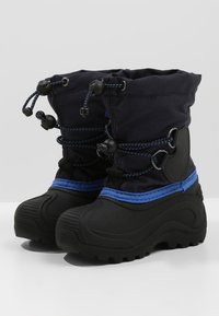 Black snow boots with blue accents, textured rubber soles, adjustable drawstring, and padded fabric upper for warmth and comfort.