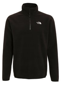 Pullover in pile nero con colletto a mezza zip, caratterizzato da un logo bianco sul lato sinistro del petto e una finitura morbida e testurizzata. Maniche lunghe e cuciture laterali.