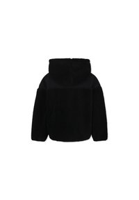 Giacca nera pelosa con cappuccio, caratterizzata da una parte superiore liscia e una parte inferiore testurizzata. Nessun chiusura o tasche visibili.