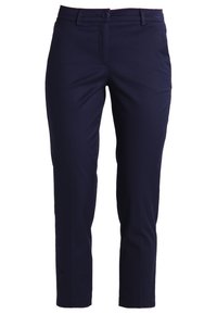 Navyblå skräddarsydda byxor i ett slätt tyg, med en enkel knappstängning, bälteshällor och smalnande ben för en elegant silhuett.