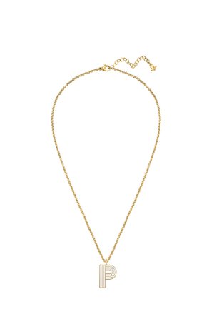 Collier chaîne en or avec un pendentif en forme de lettre P comportant des détails de lignes horizontales et courbes.