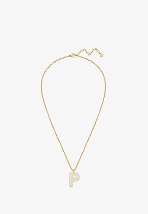 Collier chaîne en or avec un pendentif en forme de lettre P comportant des détails de lignes horizontales et courbes.