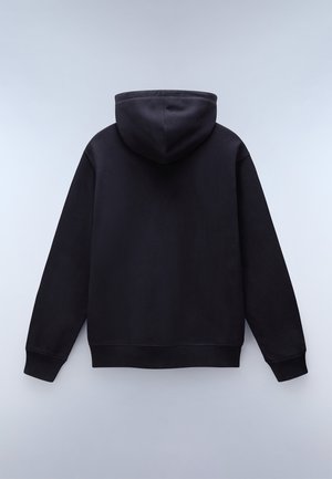 Felpa nera con cappuccio realizzata in tessuto morbido, dotata di un ampio cappuccio, maniche lunghe e orlo a costine. Il retro è semplice e privo di loghi o dettagli.