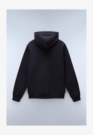 Felpa nera con cappuccio realizzata in tessuto morbido, dotata di un ampio cappuccio, maniche lunghe e orlo a costine. Il retro è semplice e privo di loghi o dettagli.