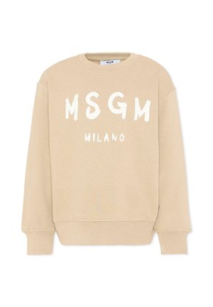 Beżowa bluza crewneck z białym napisem "MSGM" i "MILANO" na przodzie, z długimi rękawami oraz ściągaczami na mankietach i dole.