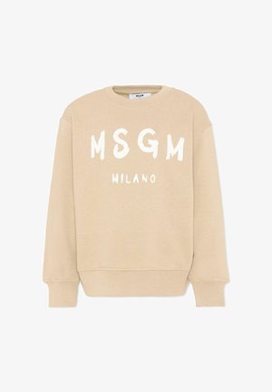 Sweat-shirt beige à col rond avec les inscriptions blanches "MSGM" et "MILANO" sur le devant, doté de manches longues et de poignets et ourlet côtelés.