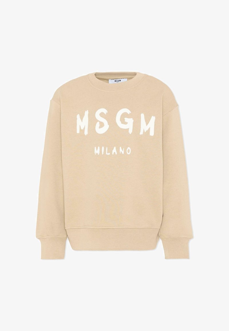 Sweat-shirt beige à col rond avec les inscriptions blanches "MSGM" et "MILANO" sur le devant, doté de manches longues et de poignets et ourlet côtelés.