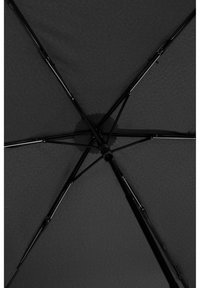 Ombrello nero con un canopy testurizzato, supportato da una struttura e aste in metallo nero, dotato di un hub centrale e impugnatura liscia.