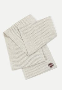 Lyst grå ribbet strikslå om med et rundt Colmar-logo-patch i den ene ende. Blød tekstur, rektangulær form. Ideel til koldt vejr.