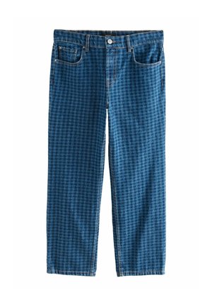 Blå denimjeans med et diskret mørkt ternet mønster, forlommer, bæltestropper og en knaplukning ved taljen.