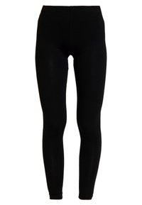 Leggings noirs en tissu extensible, dotés d'une taille haute, d'une texture lisse et d'un design ajusté qui se resserre aux chevilles.
