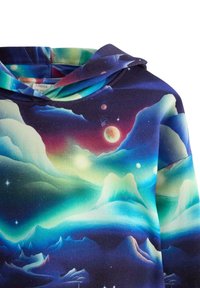 Felpa con cappuccio con stampa galattica che presenta nuvole vorticosi in tonalità di blu, verde e viola, con pianeti e stelle.