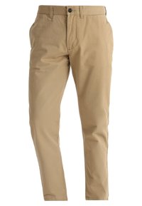 Pantaloni chino beige in cotone con una texture liscia, vestibilità slim, chiusura con bottone e passanti per cintura standard.