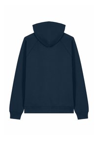 Sweat à capuche bleu marine avec cordon de serrage, manches raglan et poignets et ourlet côtelés. Texture de tissu lisse, dos uni sans embellissements.