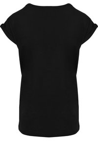 Black short-sleeve T-shirt made of soft fabric, featuring a relaxed fit and a curved hem. Simple design with no patterns or graphics.