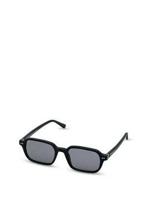 Gafas de sol rectangulares negras con lentes oscuras y patillas delgadas, mostradas sobre un fondo blanco.