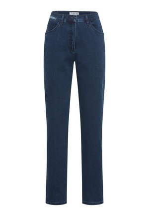 Donkerblauwe denim jeans met een klassieke rechte pasvorm, voorzien van een knoopsluiting, riemlussen en vo pockets.