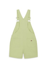 Salopette courte vert menthe avec bretelles ajustables, deux poches avant et un petit écusson logo près de la poche droite. Matière en coton, design décontracté.