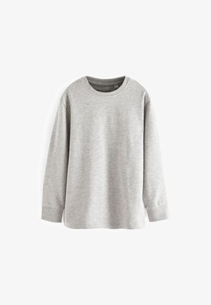 Sweatshirt gri cu mâneci lungi, cu guler rotund, fabricat dintr-un material moale din bumbac. Are manșete ribbate și un design lejer.