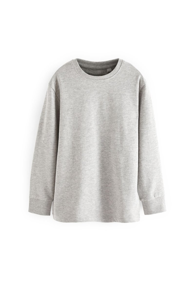 Grå langærmet sweatshirt med rund hals, lavet af blødt bomuldsmateriale. Har ribbede manchetter og en afslappet pasform.
