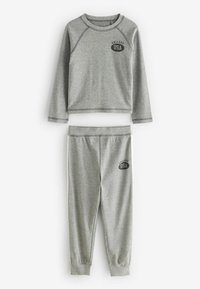 Grauers Zweiteiler bestehend aus einem Langarmoberteil mit Rundhalsausschnitt und "COLLEGE USA" Druck, kombiniert mit Hosen mit elastischem Bund.