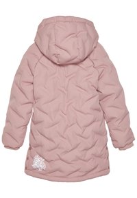 Rosa gepolsterte Jacke mit Kapuze, die an der Unterseite mit glänzenden weißen Blumenmotiven verziert ist und Druckknopfakzente am Saum aufweist.