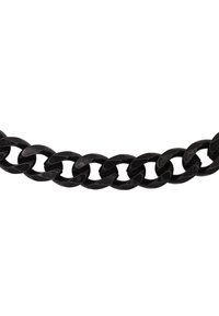 Catena in metallo nero con grandi anelli interconnessi, dalla superficie liscia e leggermente lucida, che dimostra un design solido e resistente.