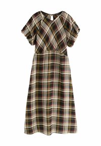 Korte mouwen geruite jurk met een mix van groen, bordeauxrood en beige kleuren, met een sleufhals en een vloeiende rok.