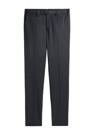 Black formal trousers with belt loops, front button and zipper closure, side pockets, and pressed creases down the legs.