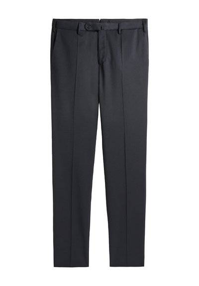 Black formal trousers with belt loops, front button and zipper closure, side pockets, and pressed creases down the legs.