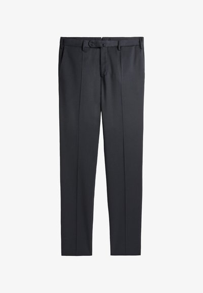 Black formal trousers with belt loops, front button and zipper closure, side pockets, and pressed creases down the legs.