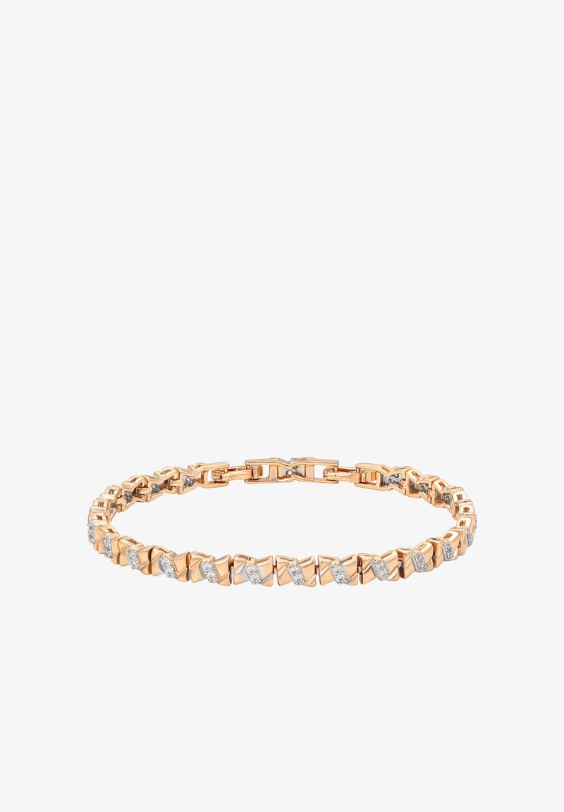 Náramek z růžového zlata s proplétajícími se geometrickými články a střídajícími se průhlednými drahokamy, vytvářející texturovaný a odrazový design.
