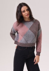 Pull en argyle gris, rose et marron avec un ourlet et des poignets côtelés, fabriqué en tissu tricoté. Stylé avec un jean noir taille haute.