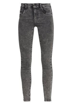 Skinny jeans in gray denim, featuring a mid-rise waist, five-pocket design, and visible stitching details. Smooth texture with minimal fading.