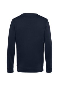 Námořnická modrá mikina s dlouhými rukávy, kulatým výstřihem a žebrovanými manžetami. Hladká tkanina a jednoduchý design, bez viditelného loga nebo vzorů.