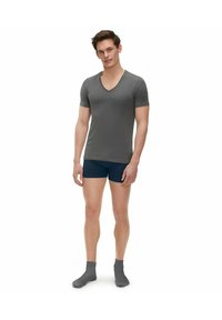 Maglietta grigia a maniche corte con scollo a V, boxer blu navy e calzini grigi. La maglietta presenta una trama sottile e un design aderente.