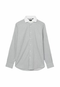 Cămașă cu dungi, cu mâneci lungi, în gri și alb, cu închidere cu butoni, dintr-un material moale din bumbac și cu un guler clasic de culoare albă unită.